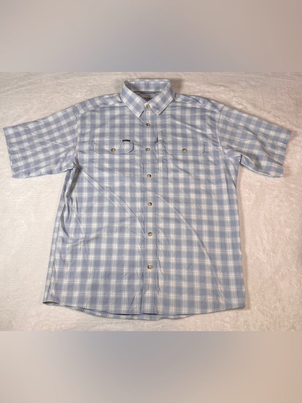 Poncho Men’s M Blue Plaid Performance Fishing Shirt Short Sleeve Stretch